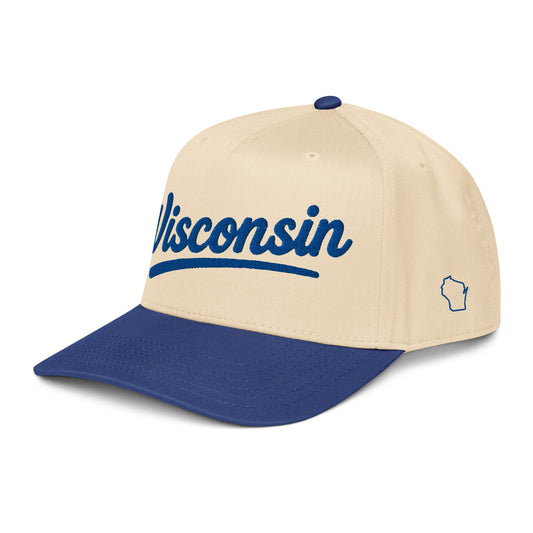 Beige and blue cap with 'Wisconsin' text on a white background