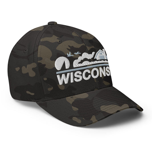 Camouflage baseball cap with 'Wisconsin' logo on a white background