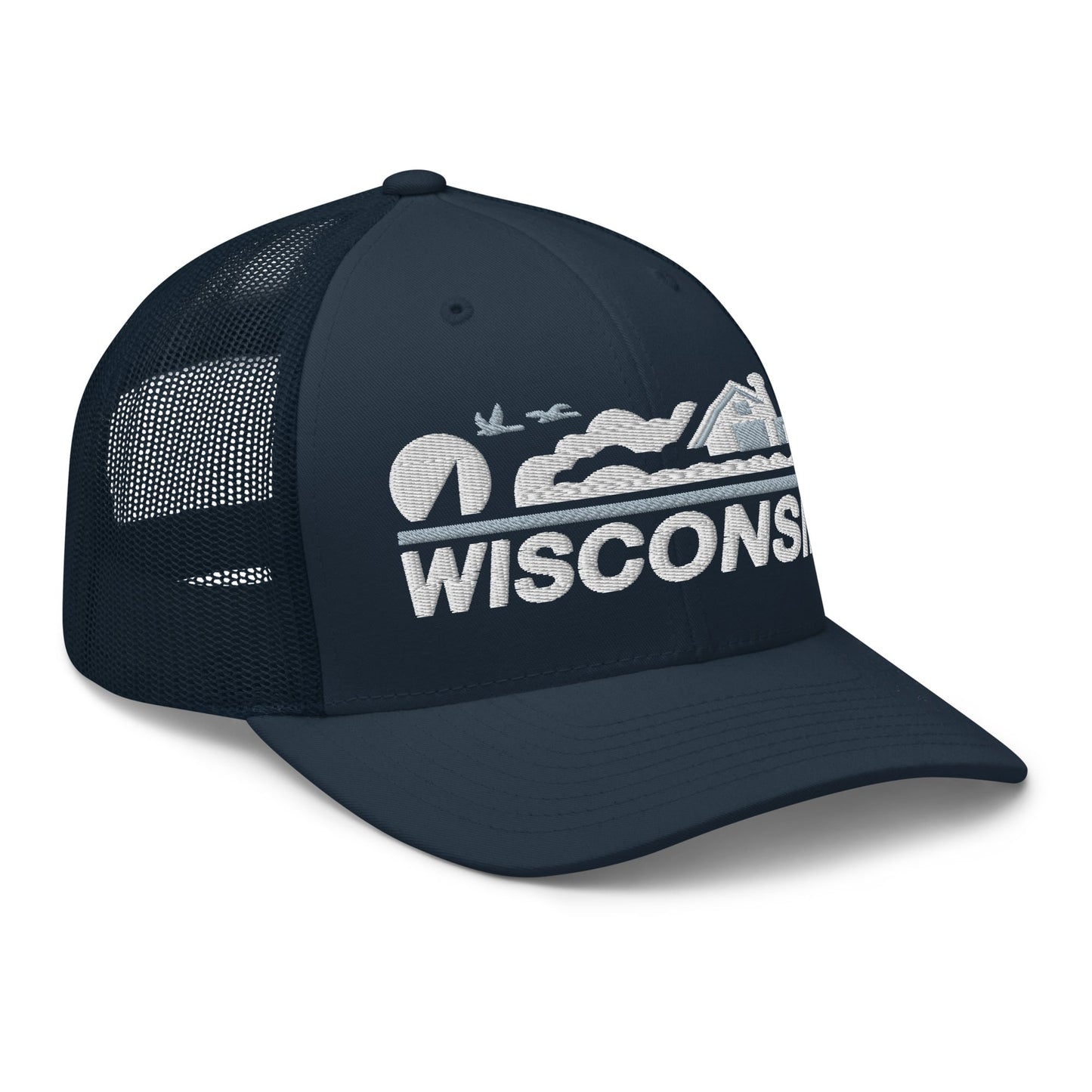 Navy blue cap with 'Wisconsin' logo on a white background