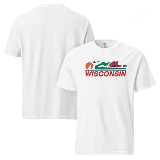White t-shirt with 'Wisconsin' graphic on a white background