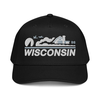 Black cap with 'Wisconsin' and landscape design on a white background