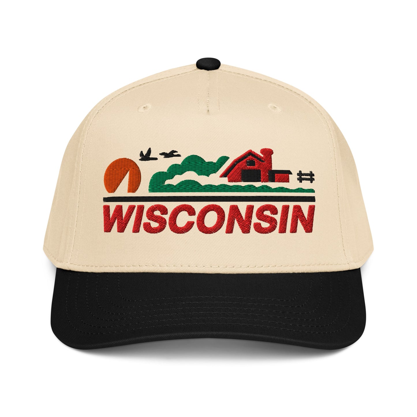 Beige cap with black brim featuring a Wisconsin-themed design on a white background