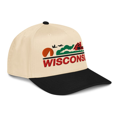 Beige and black cap with 'Wisconsin' logo on a white background