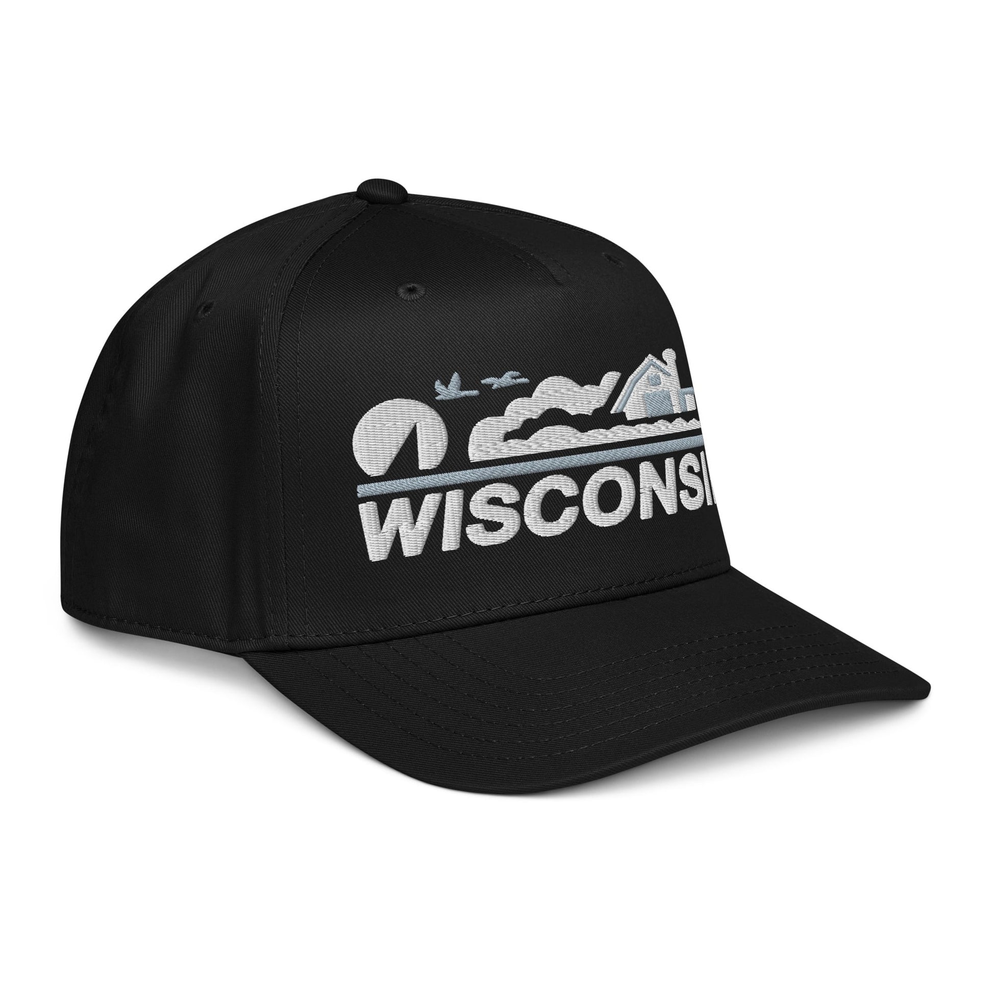 Black cap with 'Wisconsin' and mountain design on a white background