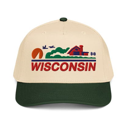 Cap with 'Wisconsin' and landscape design on a beige and green background