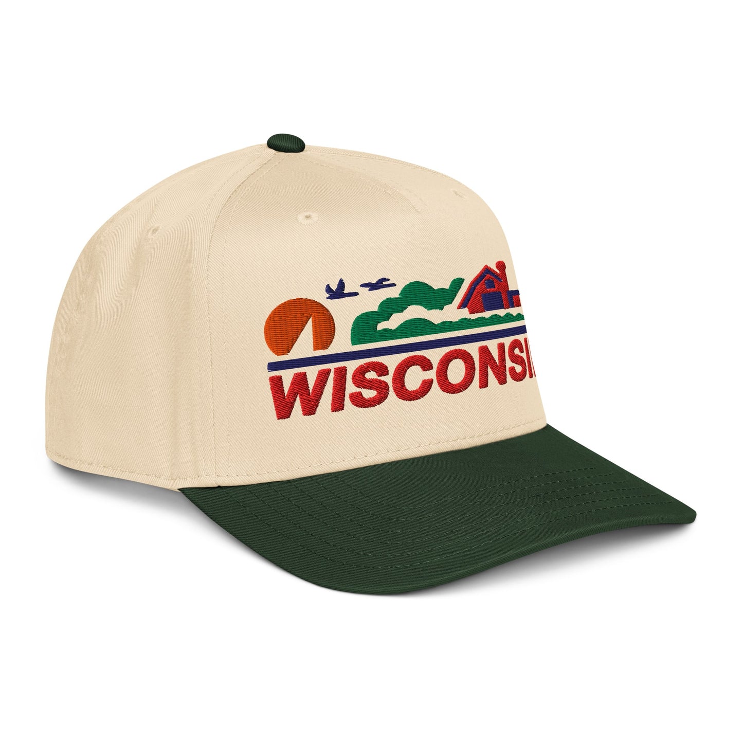 Beige and green cap with 'Wisconsin' logo on a white background