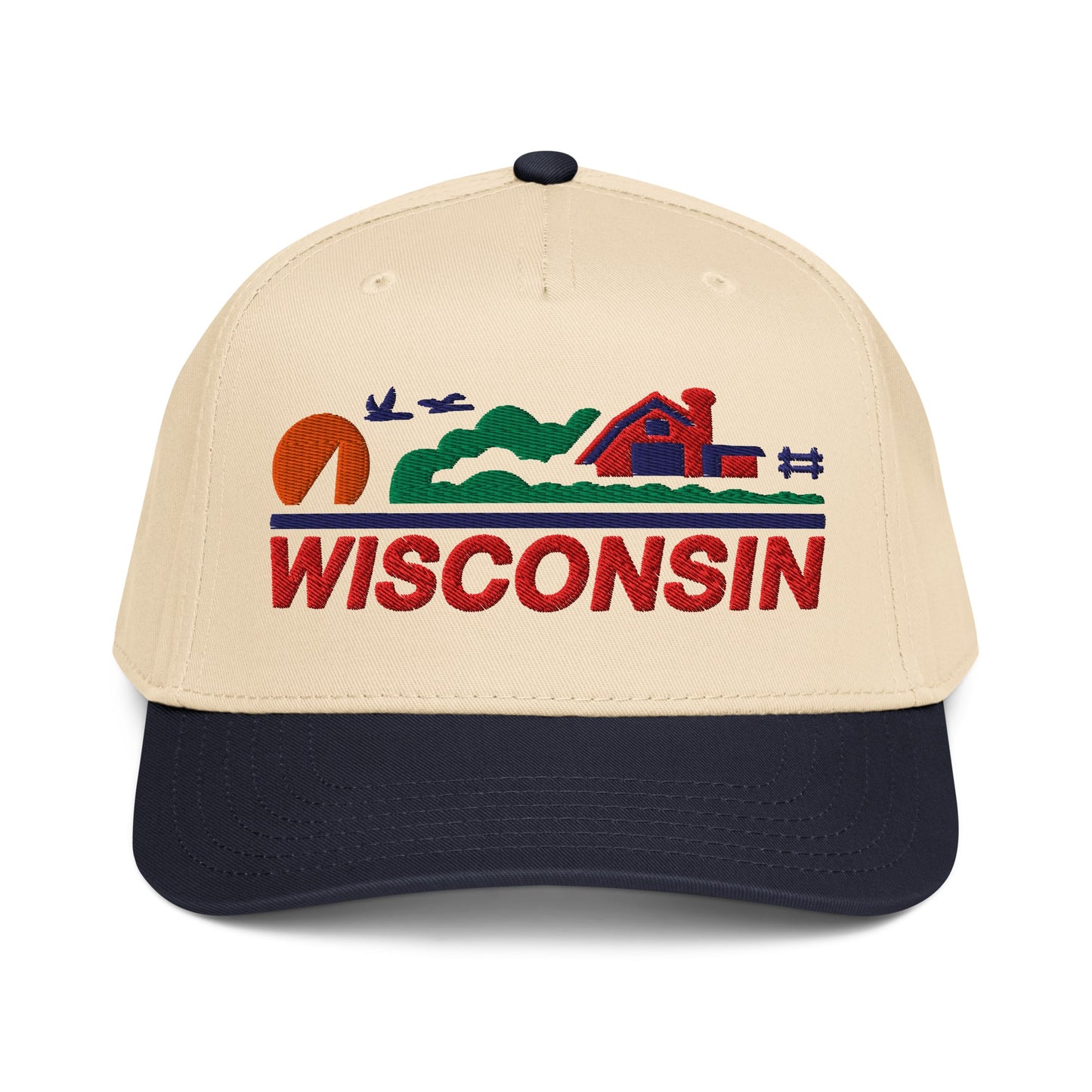 Beige and navy cap with 'Wisconsin' and landscape design on a white background