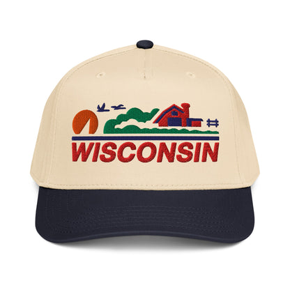 Beige and navy cap with 'Wisconsin' and landscape design on a white background