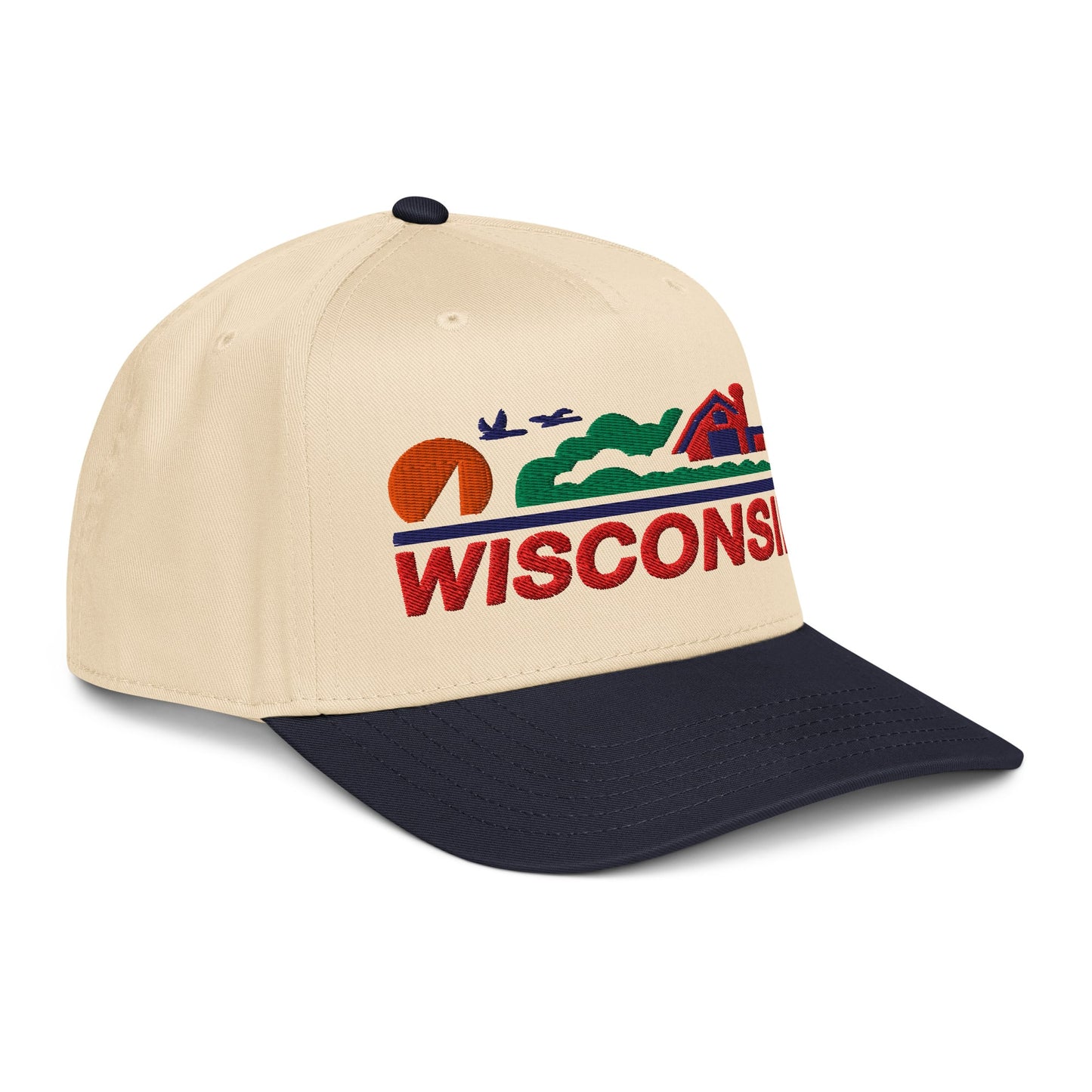 Beige and navy cap with 'Wisconsin' logo on a white background
