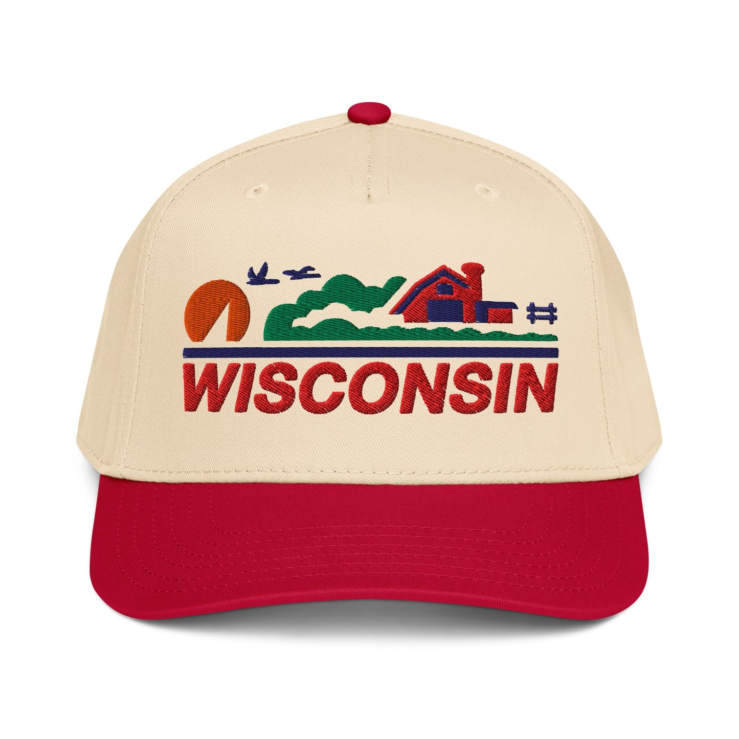 Beige and red cap with 'Wisconsin' and landscape design on a white background
