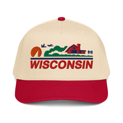 Beige and red cap with 'Wisconsin' and landscape design on a white background