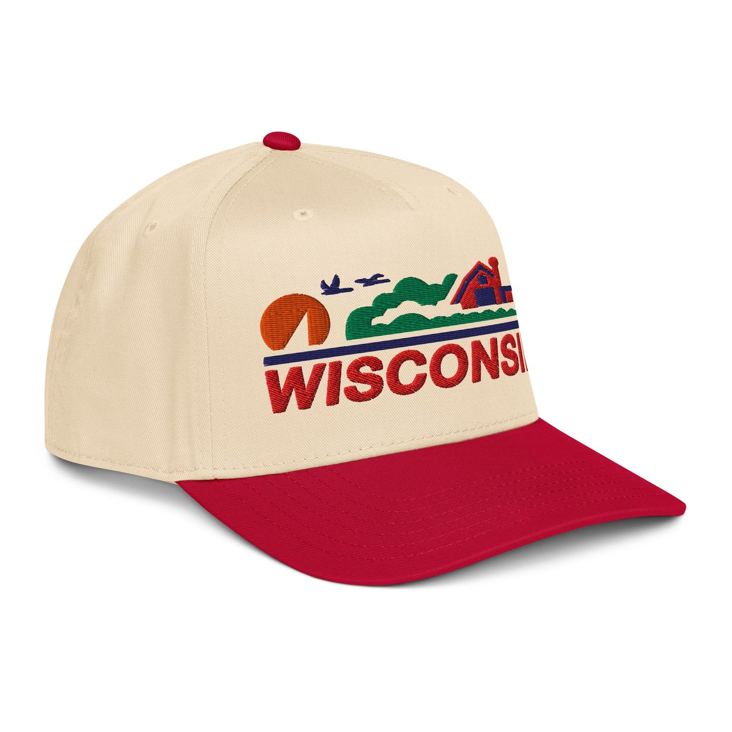 Beige and red cap with 'Wisconsin' logo on a white background