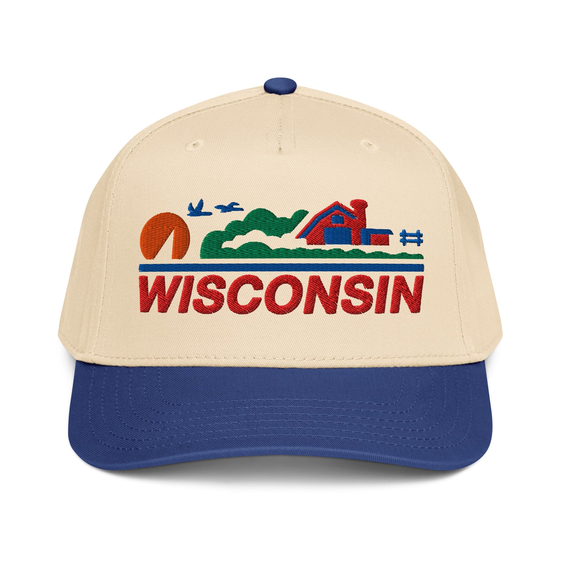 Beige cap with blue brim featuring a 'Wisconsin' design on a white background
