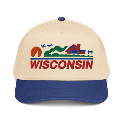 Beige cap with blue brim featuring a 'Wisconsin' design on a white background