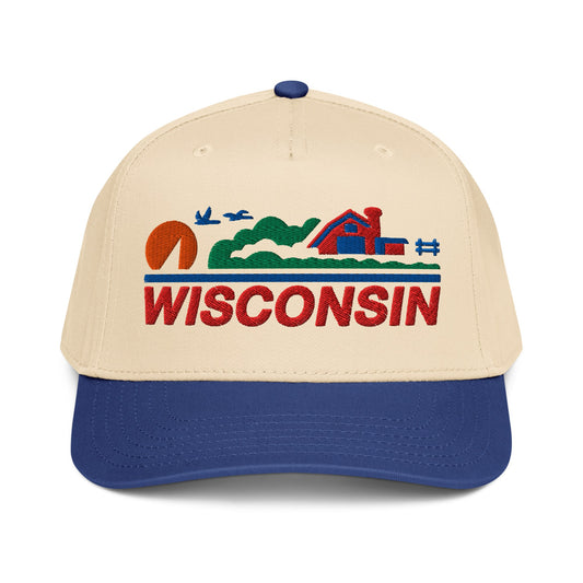 Beige cap with blue brim featuring a 'Wisconsin' design on a white background