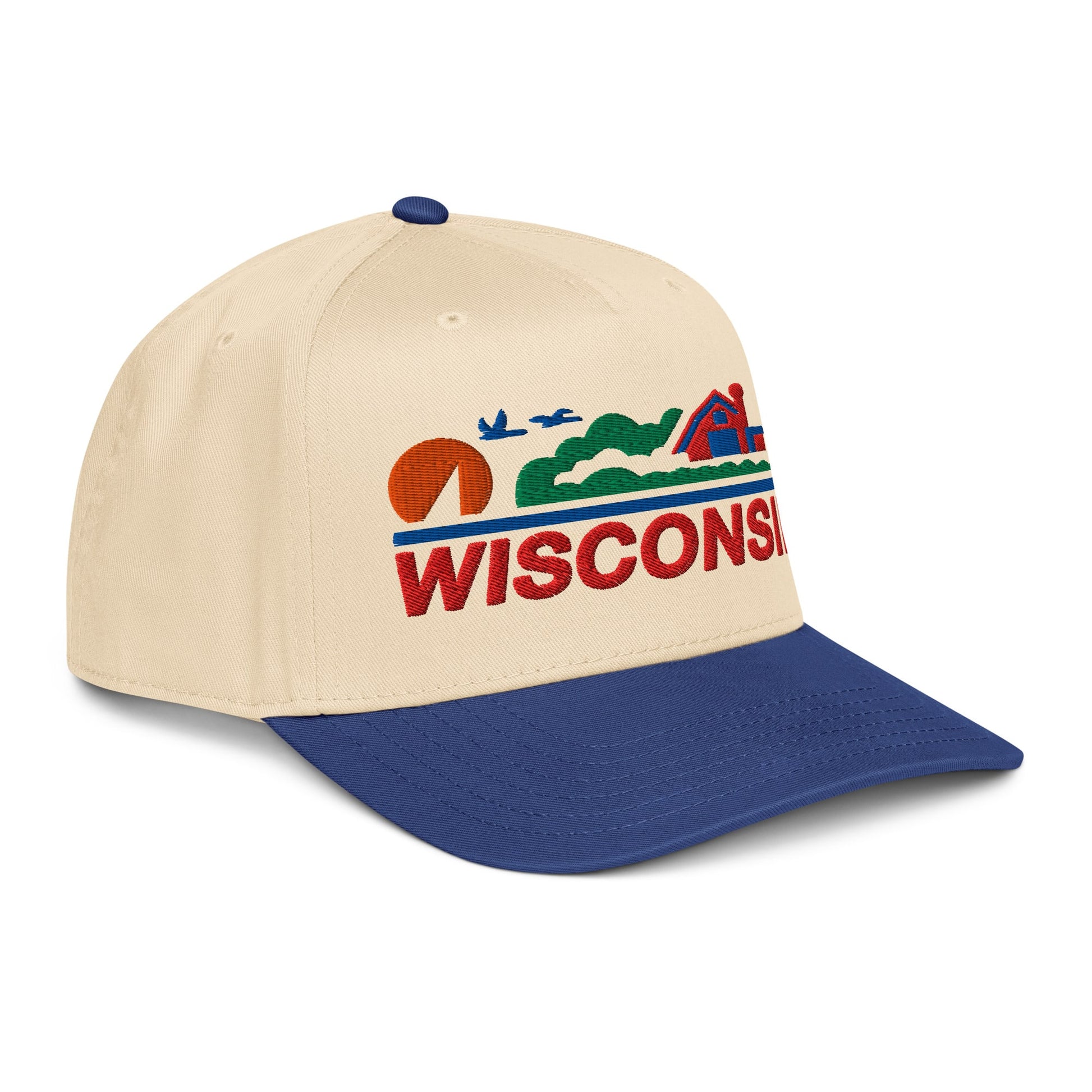 Beige and blue cap with 'Wisconsin' logo on a white background