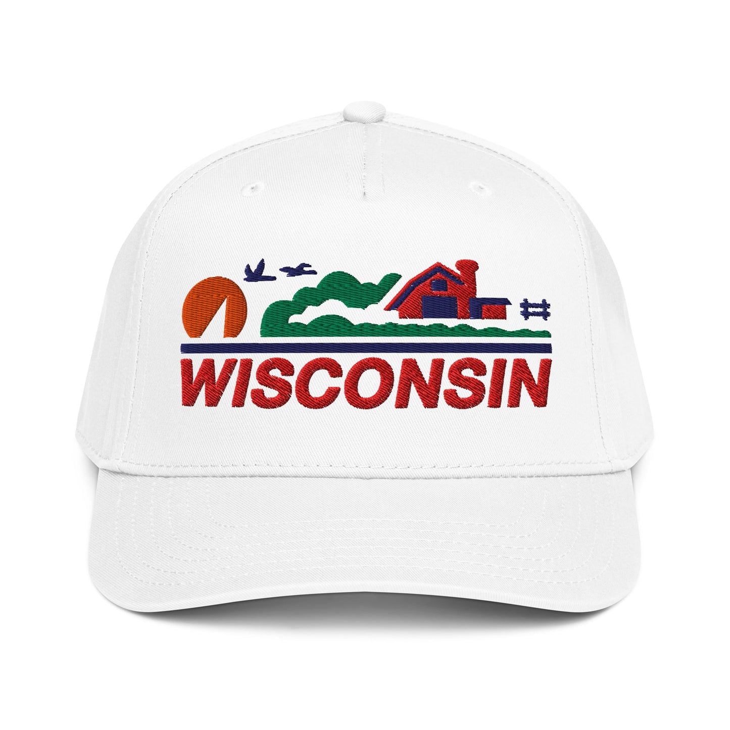 White cap with 'Wisconsin' and landscape design on a white background