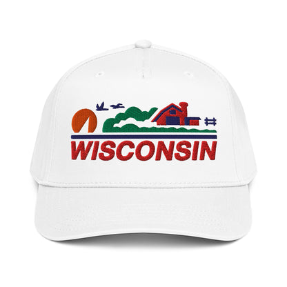 White cap with 'Wisconsin' and landscape design on a white background