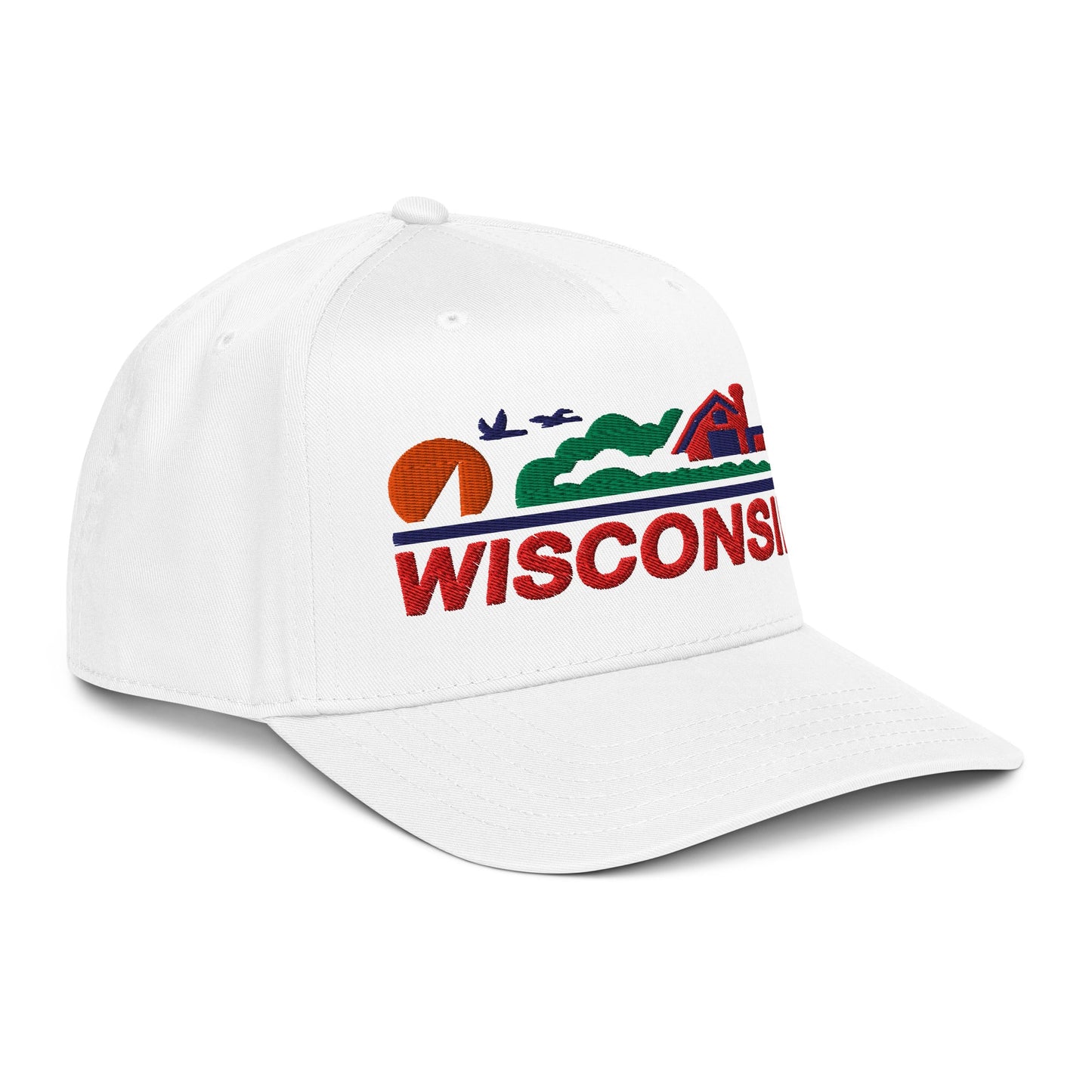White cap with 'Wisconsin' logo on a white background