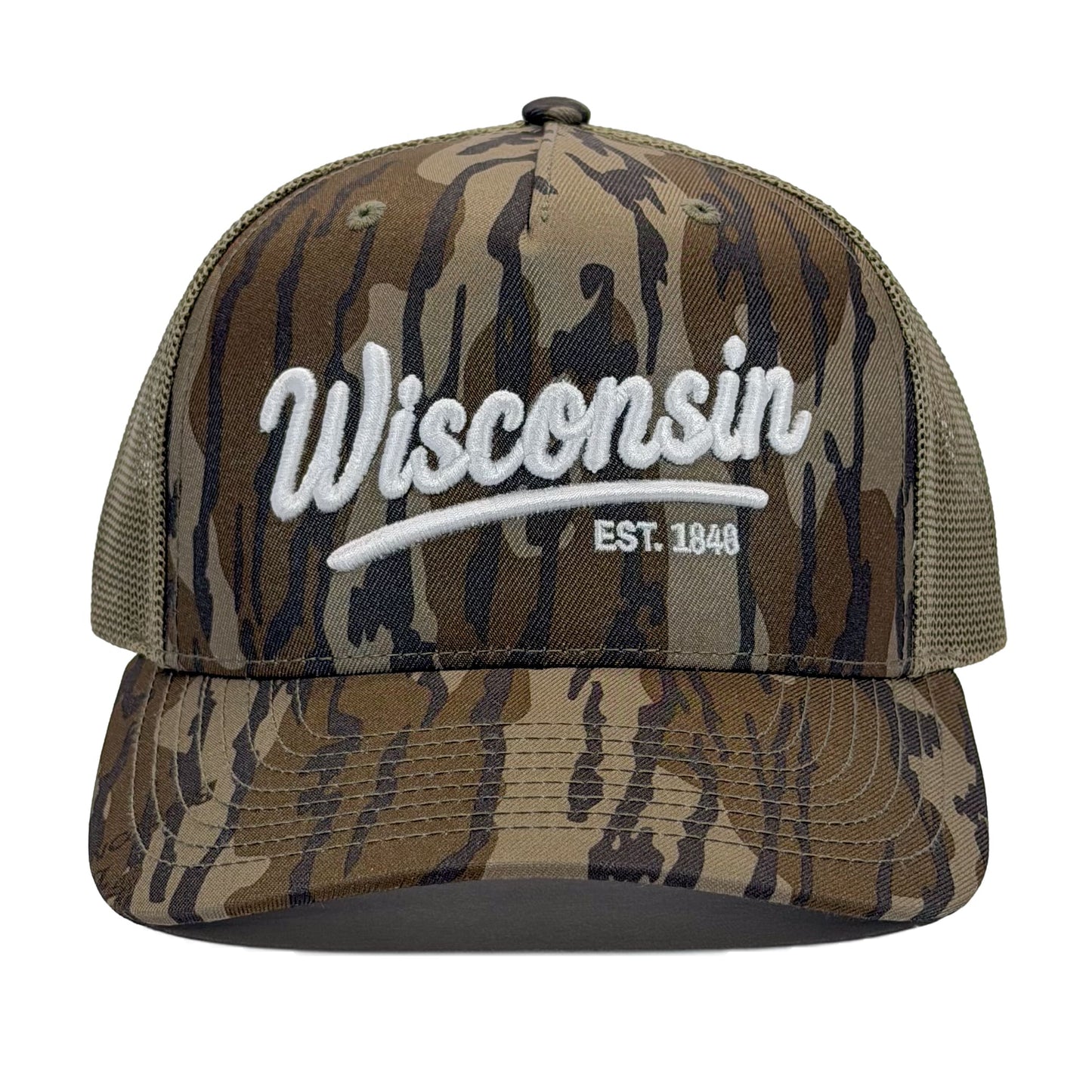 Camouflage cap with 'Wisconsin' and 'EST. 1848' text on a white background