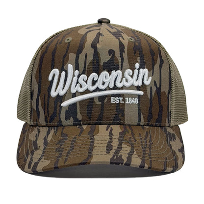 Camouflage cap with 'Wisconsin' and 'EST. 1848' text on a white background