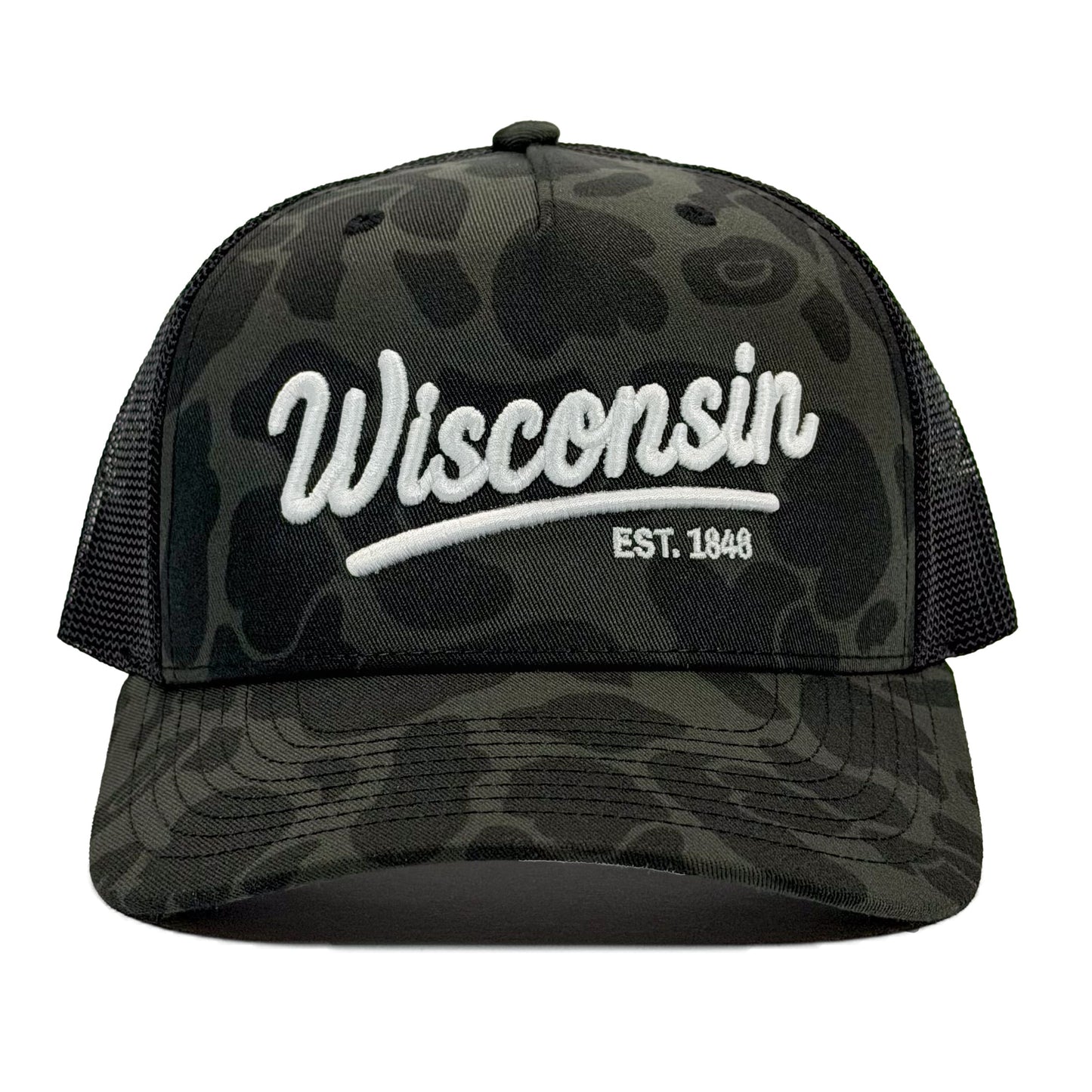 Black camouflage cap with 'Wisconsin Est. 1848' text on a white background