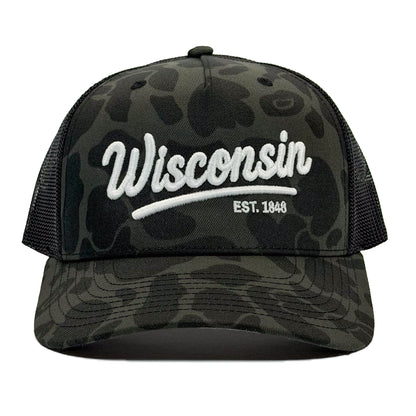 Black camouflage cap with 'Wisconsin Est. 1848' text on a white background