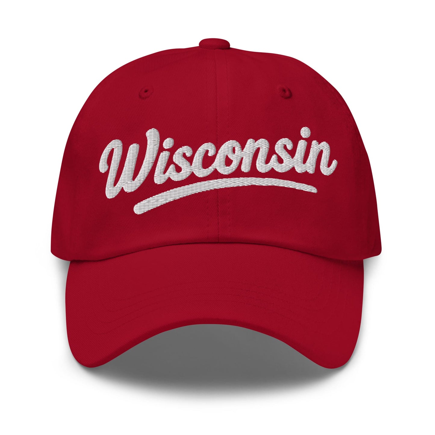 Red cap with 'Wisconsin' embroidered on a white background