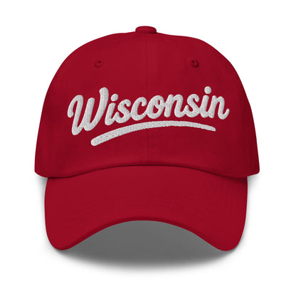 Red cap with 'Wisconsin' embroidered on a white background