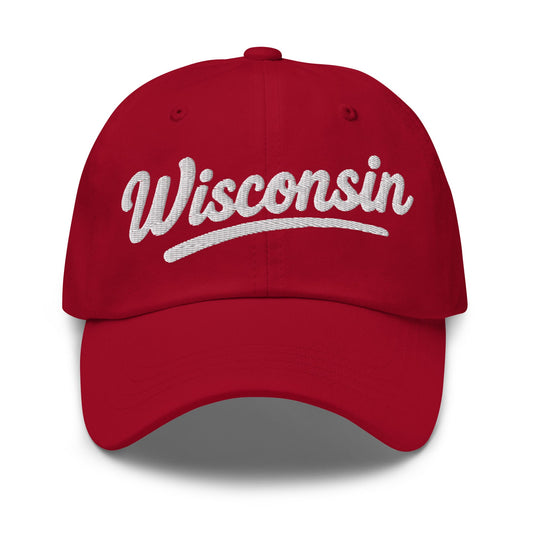 Red cap with 'Wisconsin' embroidered on a white background