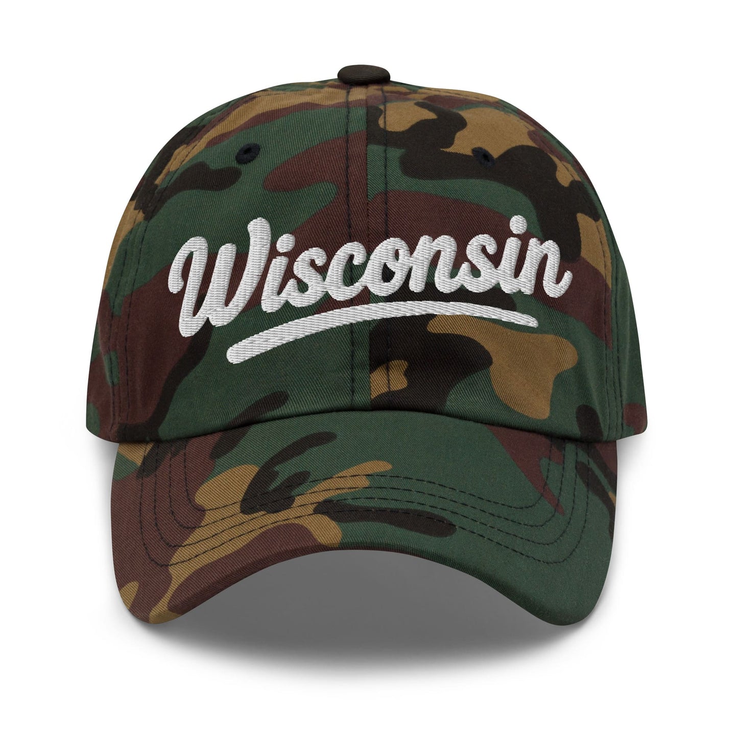 Camouflage baseball cap with 'Wisconsin' text on a white background