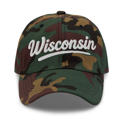 Camouflage baseball cap with 'Wisconsin' text on a white background