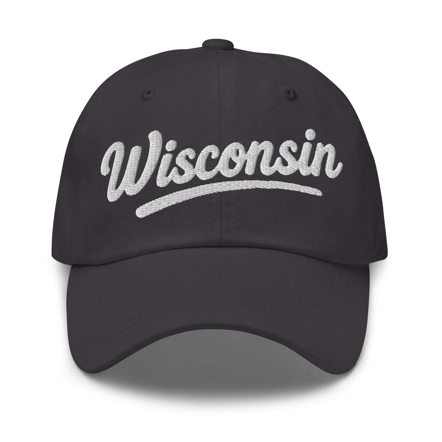 Black cap with 'Wisconsin' embroidered on a white background