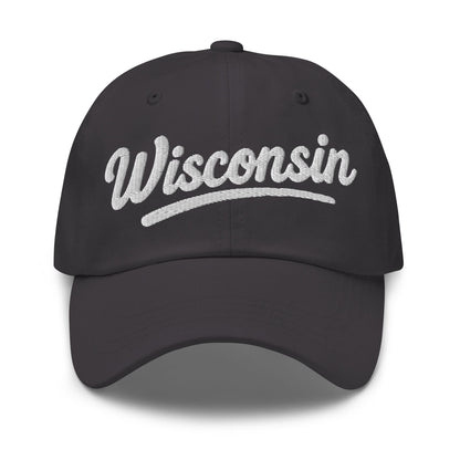Black cap with 'Wisconsin' embroidered on a white background