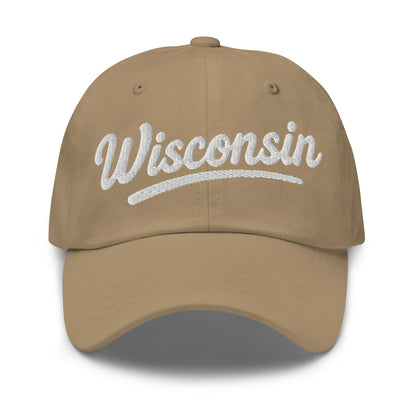 Brown cap with 'Wisconsin' embroidered on it against a white background
