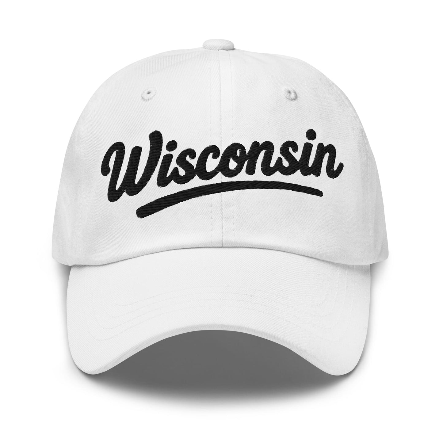 White cap with 'Wisconsin' text on a white background