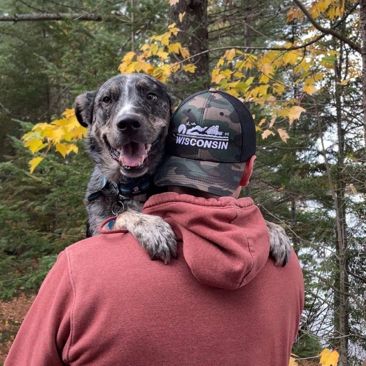 Person wearing a cap with 'WISCONSIN' text, hugging a dog outdoors with trees and fallen leaves in the background.