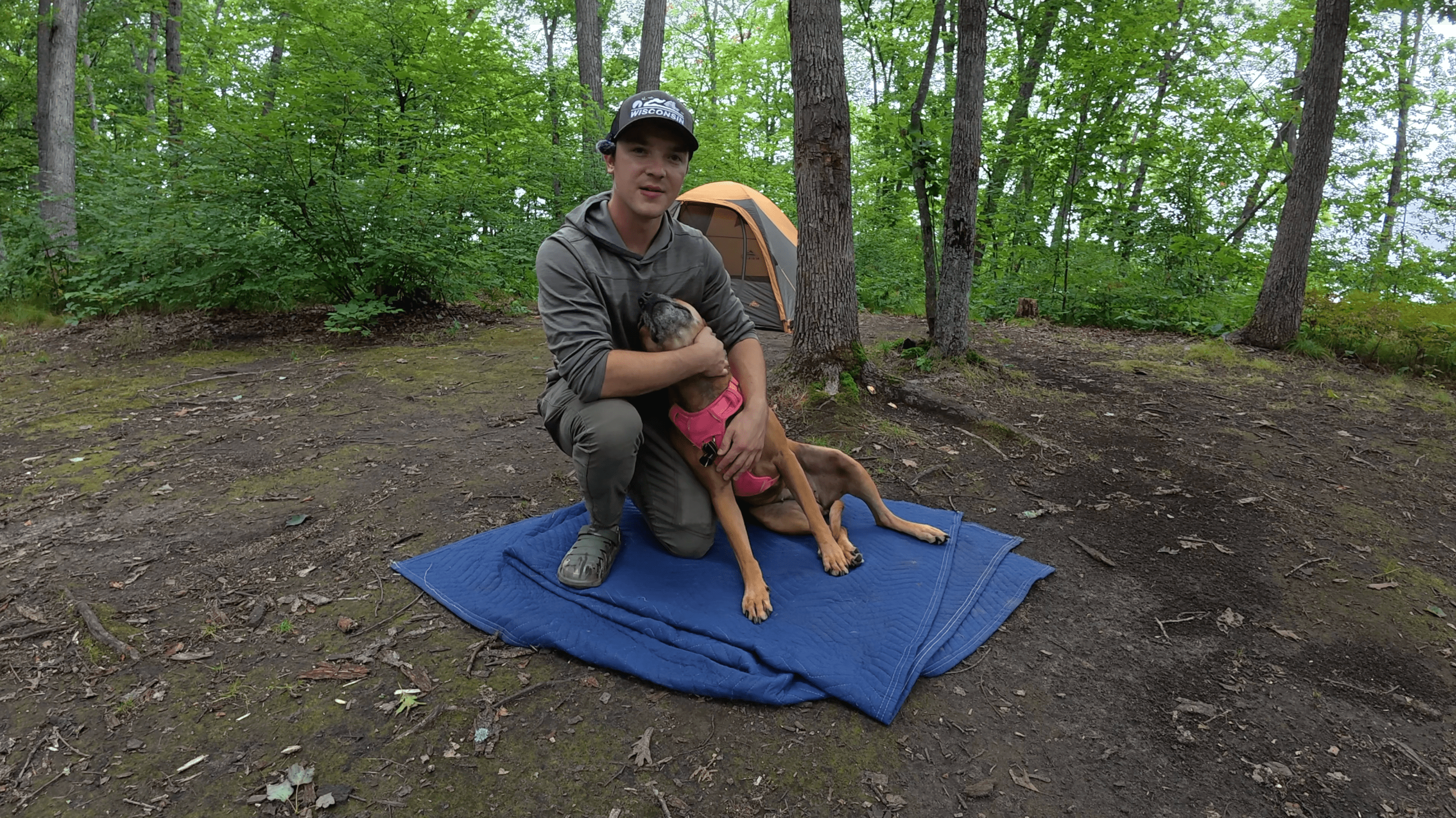 Person with a dog on a blue blanket in a forest setting with a tent in the background