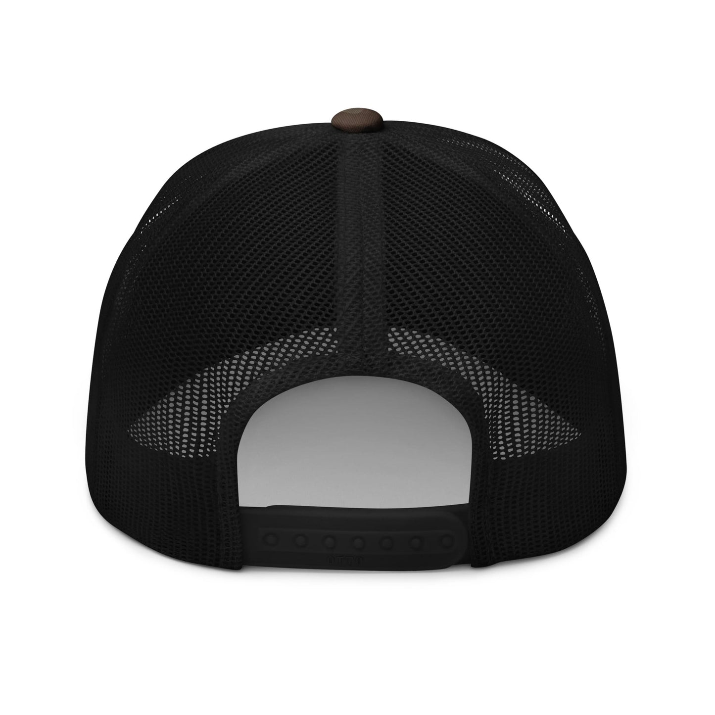 Black mesh cap with a brown button on a white background