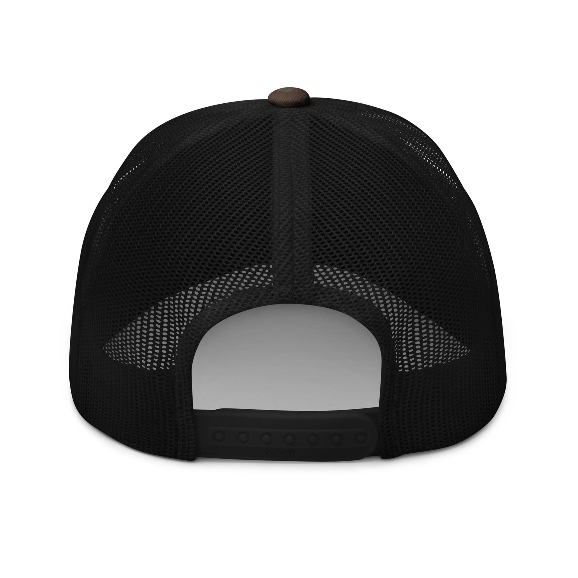 Black mesh cap with a brown button on a white background