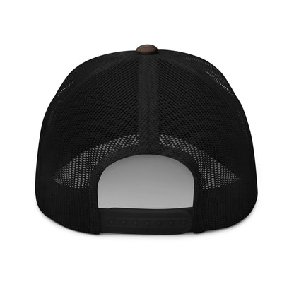 Black mesh cap with a brown button on a white background