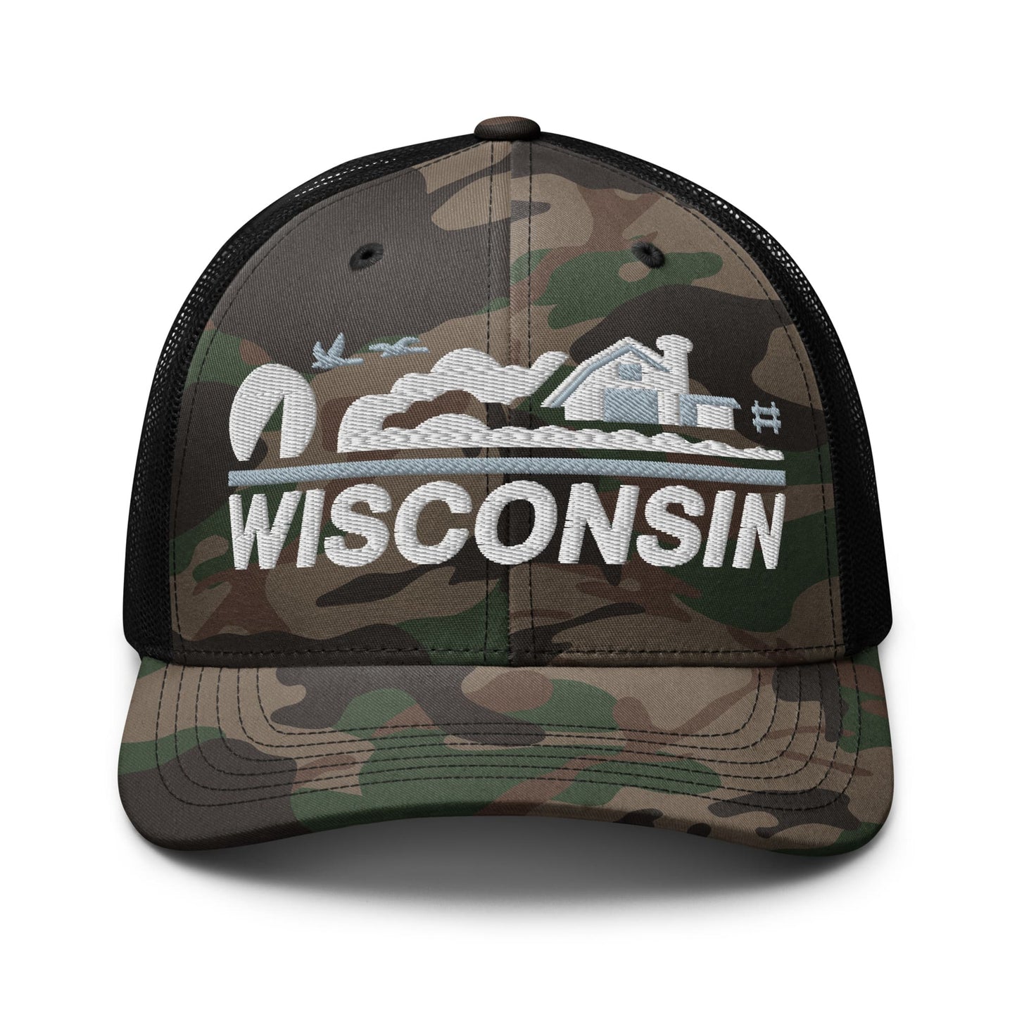 Camouflage cap with 'Wisconsin' and state outline design on a white background