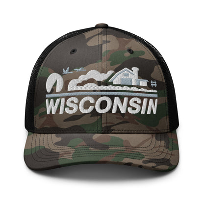 Camouflage cap with 'Wisconsin' and state outline design on a white background