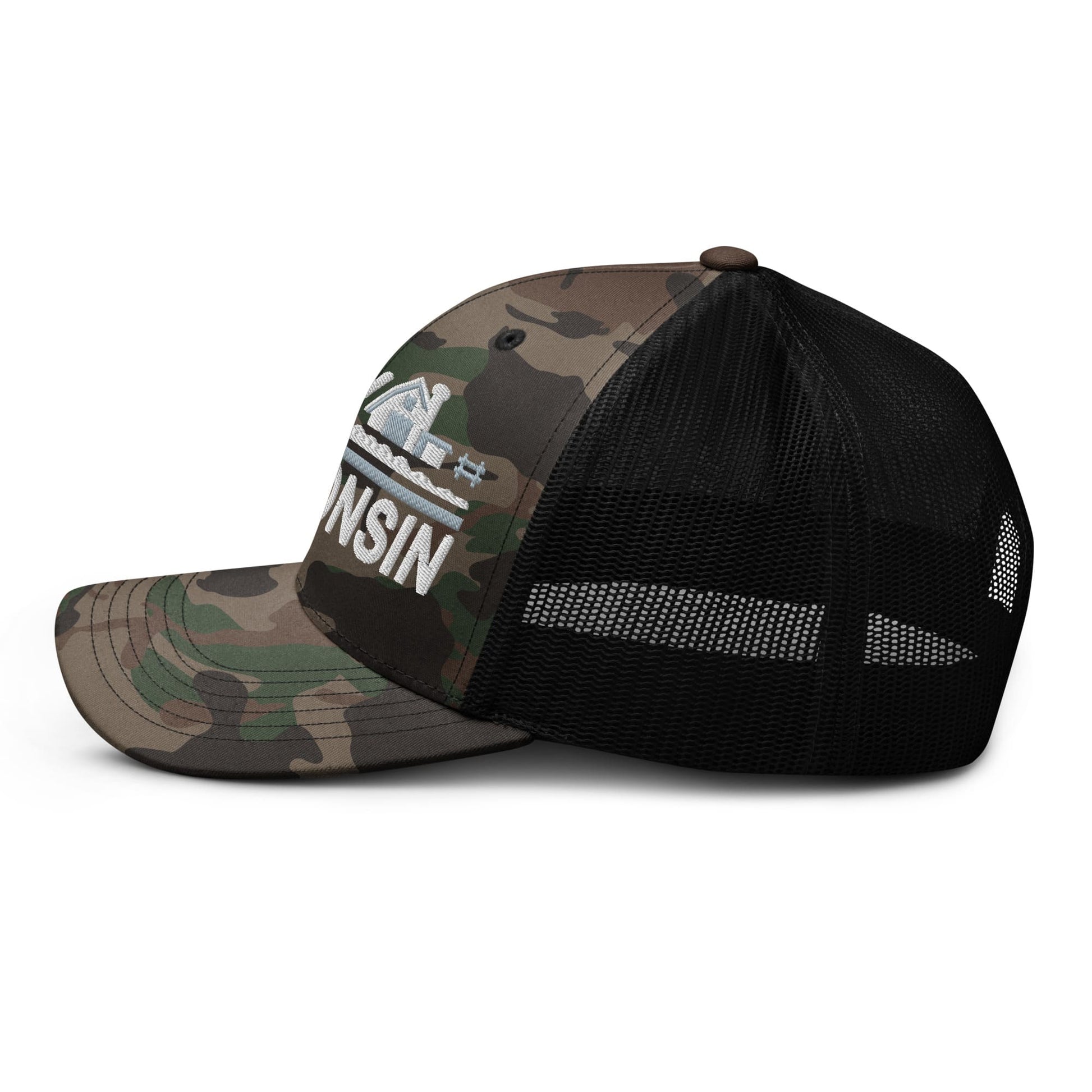 Camouflage and black trucker cap with 'Wisconsin' text on a white background