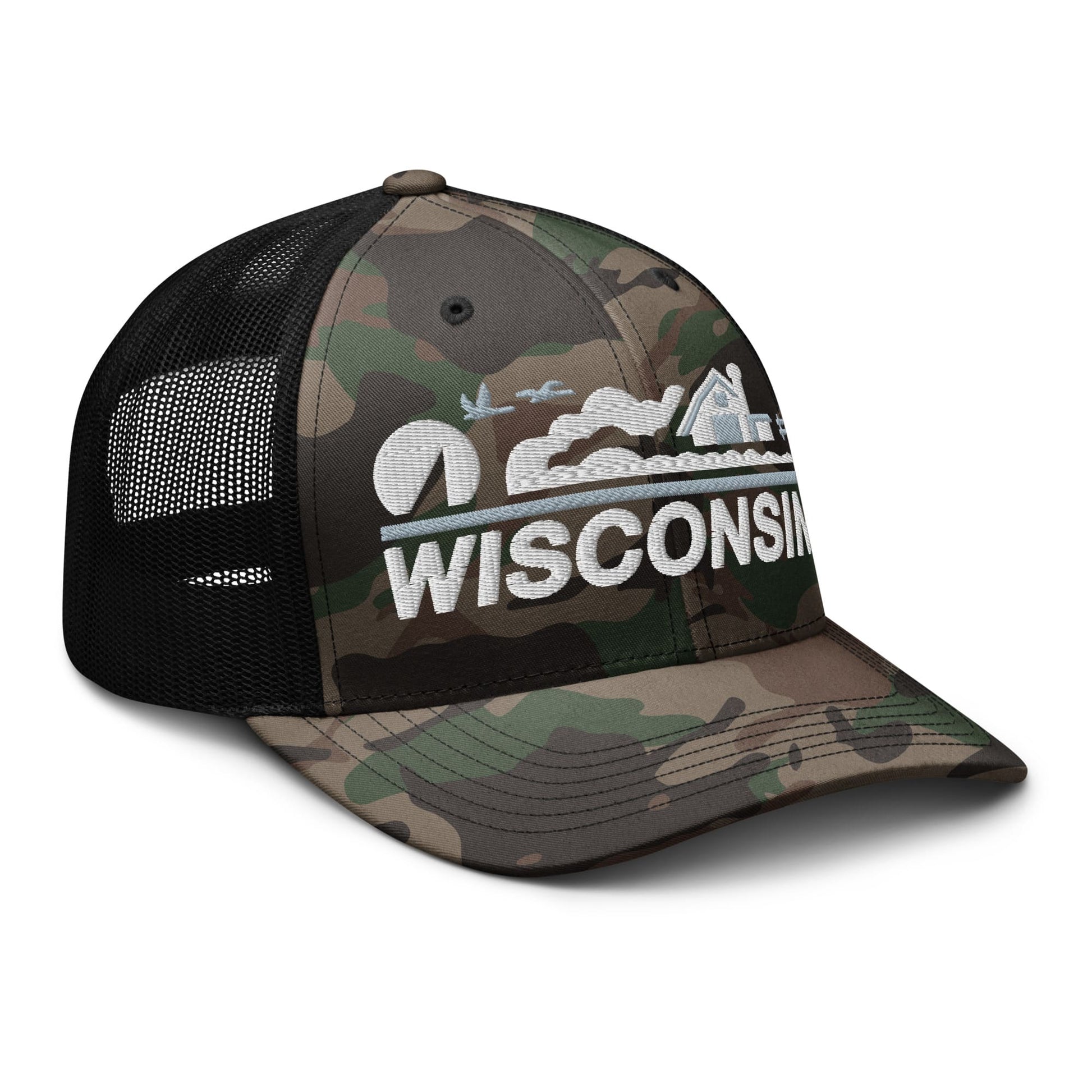 Camouflage cap with 'Wisconsin' logo on a white background