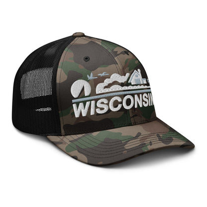 Camouflage cap with 'Wisconsin' logo on a white background