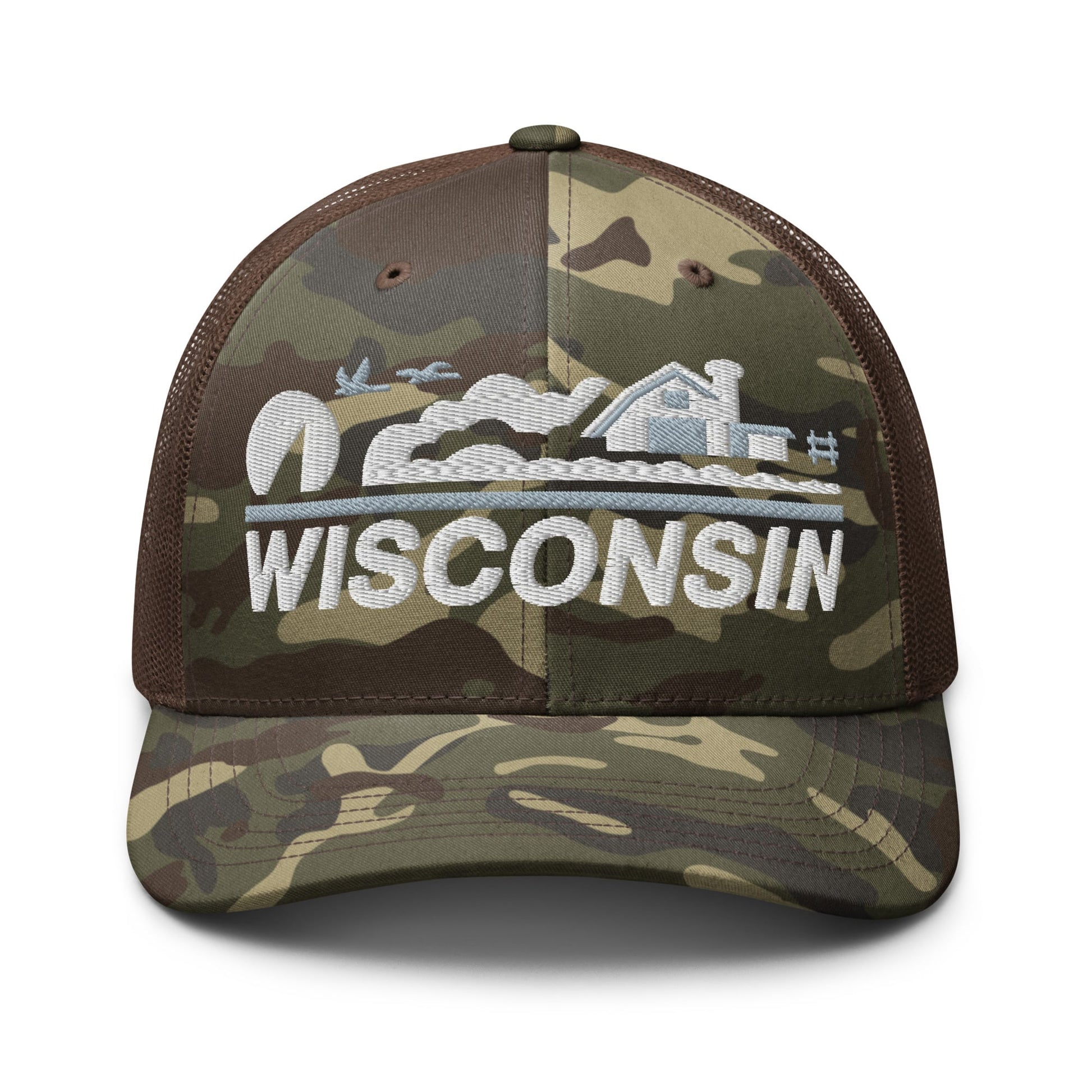 Camouflage cap with 'Wisconsin' and a landscape design on a white background