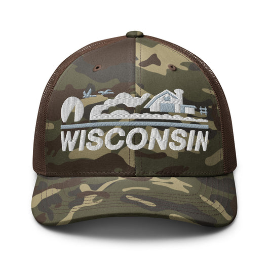 Camouflage cap with 'Wisconsin' and a landscape design on a white background