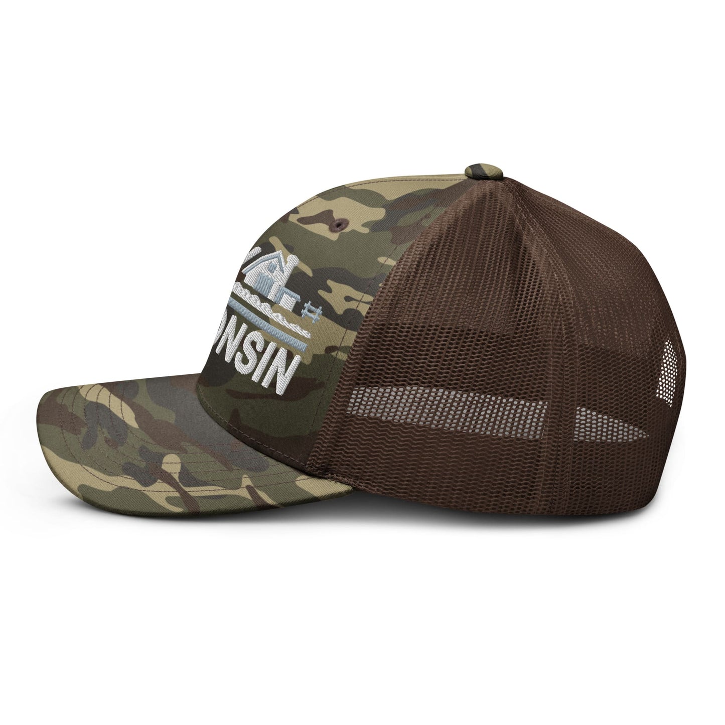 Camouflage and brown mesh cap with 'Wisconsin' text on a white background