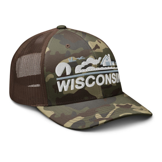 Camouflage baseball cap with 'Wisconsin' text on a white background